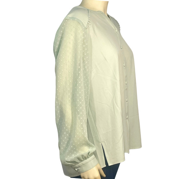 Isaac Mizrahi Live QVC Sz 16 Split V-Neck Blouse Sheer Puff Sleeves Mint Green - Picture 2 of 13